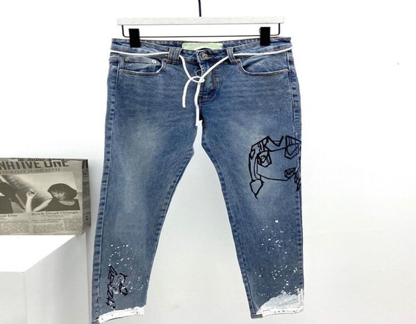 

2021 fashion designer mens jeans white graffiti midweight string slim leg clothing cotton paint skinny solid off man pants6881490, Blue