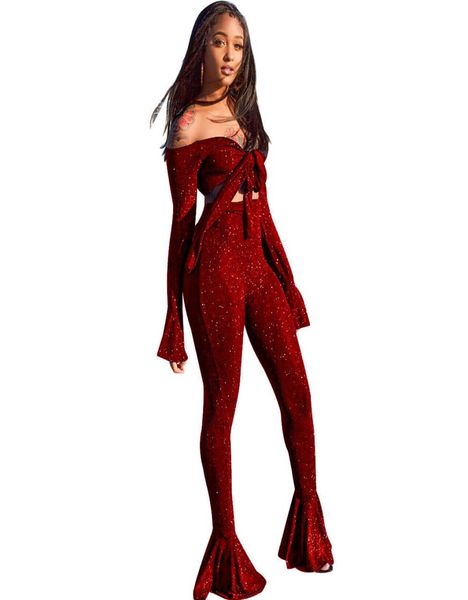 

fashion two piece set tracksuits women off shoulder long sleeve crop elastic high waist flare pants party outfits blue tr9792832, Gray