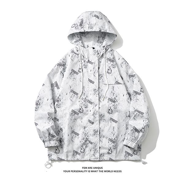 

men's jackets 2023 ink splash print hoodied jacket zipper concealed buckle youths male coat drawstring hem lightweight windproof hoodie, Black;brown
