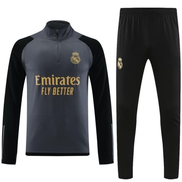 

2023 2024 real madrids tracksuit half zip training suit vini jr bellingham 22/23/24 men and kids football kit madrides camavinga modric chan, Black