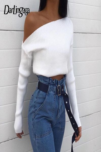 

darlingaga oblique collar knitted sweater women asymmetrical pullovers one shoulder fashion autumn winter sweaters cropped y25826154, White;black