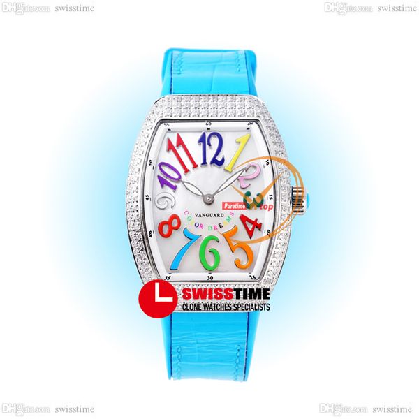 

abf v32 vanguard color dream swiss quartz chronograph ladies watch womens diamonds case mop dial big number blue leather rubber super editio, Slivery;brown