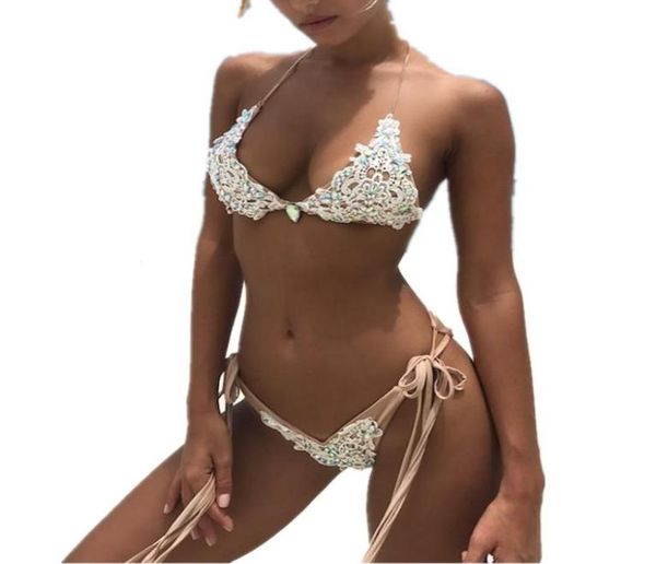 

swimwear women ladies handmade lace diamond bikinis set bandage pushup padded swimsuit bathing brazilian bikini female9800868, White;black