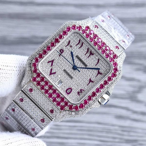 

superclone santos watch for men 4555 diamonds iced out wristwatches ai55 mechanical movement uhr montre cater prx with box, Slivery;golden