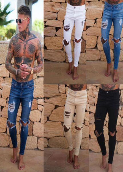 

new men039s hole jean fashion skinny stretch denim pencil pants distressed ripped biker slim fit jeans trouser size 11091371925, Black