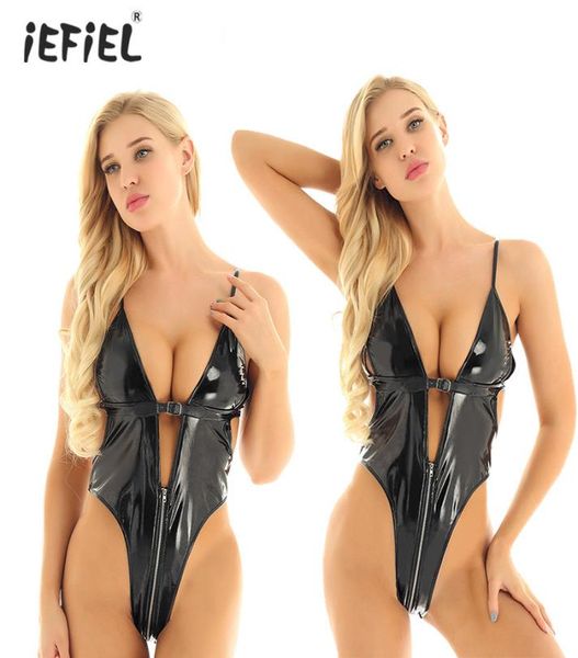 

lingerie bodysuit women wetlook latex catsuit sissy clubwear backless leather straps costume nightwear crotchless body suit m1071792, Black;white