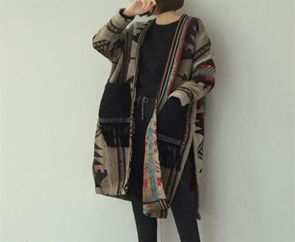 

winter warmness long wool coat women korean elegant ladies boho tassel blends knitted sweater cardigan overcoat autumn outwear 2011808309, Black