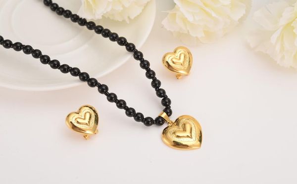 

romantic heart pendant necklace chain earrings sets jewelry solid gold filled black bead necklaces sets for women wedding gift5918671, Silver