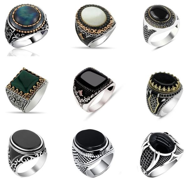 

30 styles vintage handmade turkish signet ring for men women ancient silver color black onyx stone punk rings religious jewelry3973013