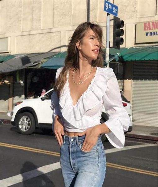 

hirigin autumn chiffon blouses women fashion long sleeve vneck ruffle white shirt office blouse slim casual 5478827