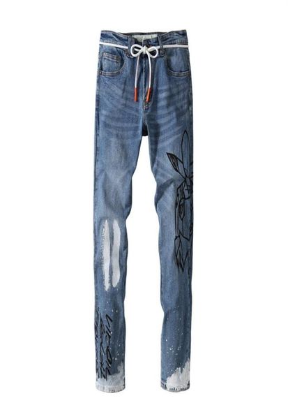 

mens jeans european and american high street graffiti printing fashion pants straight tube repair height9924220, Blue