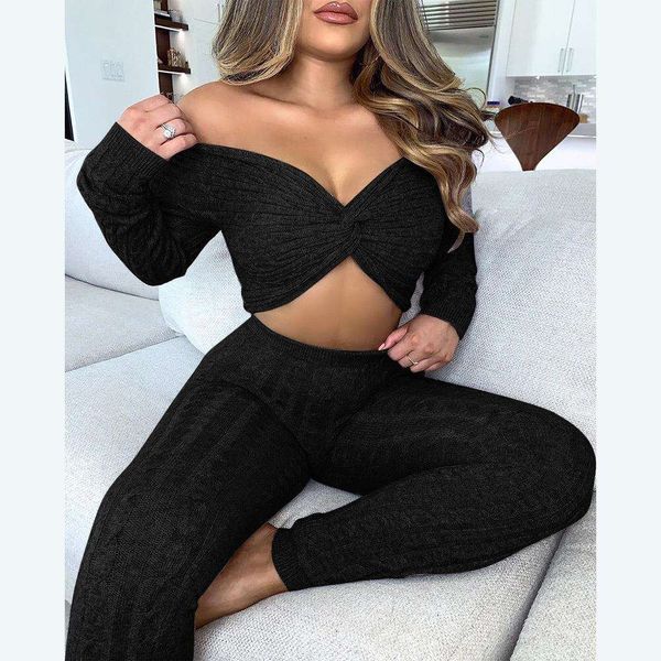 

two piece womens dress twisting trousers sweater set, White;black