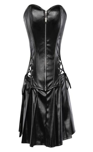 

black faux leather corset dress overbust boned basque mini skirt lingerie bodyshaper slimsuit nightwear s6xl plus size9993366, Black;white