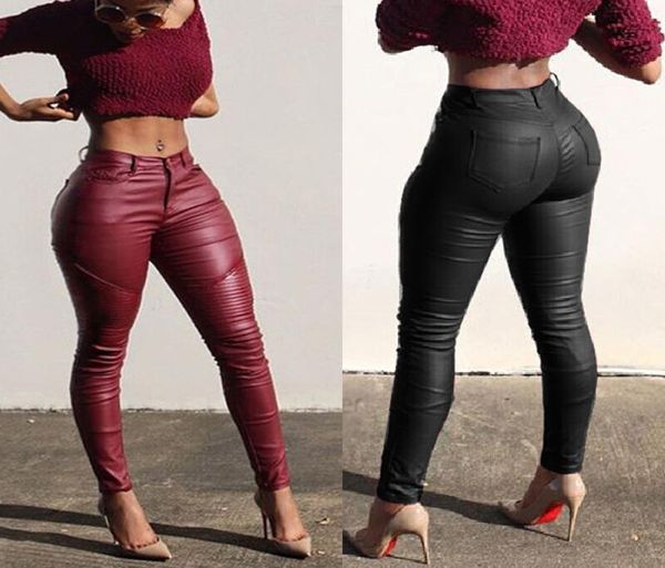 

women ladies leather skinny mid waist leggings stretchy pencil pants solid pu leather long pant trousers5721672, Black;white