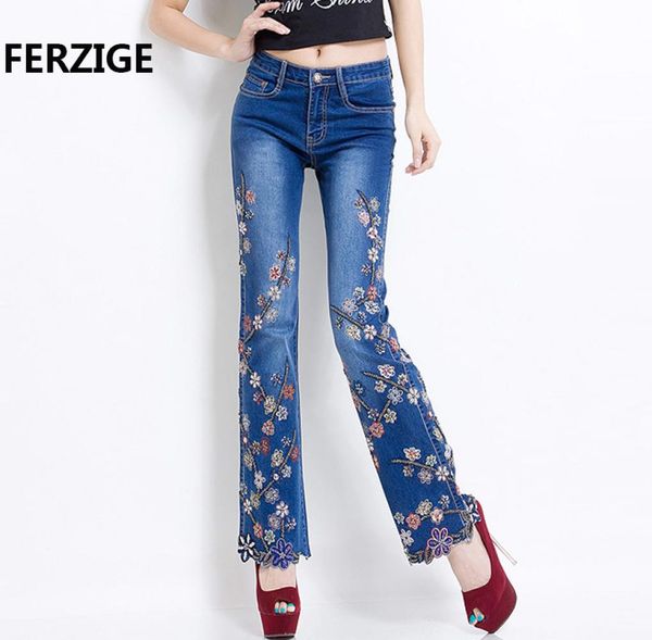 

ferzige jeans women brand 2018 manual beading embroidered flared fashion designer stretch hand beads female pants large size 365262925, Blue