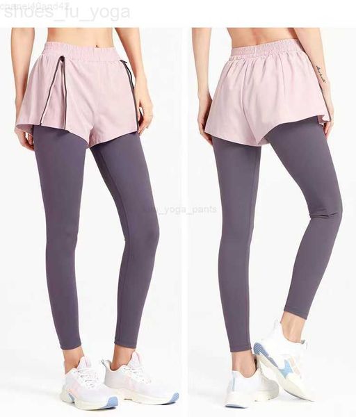 

lull fake two-piece legging short set sweatpants high waist with pocket anti-shrink gym sports pants training tights legging sportswear