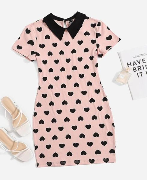 

heart print contrast collar bodycon dress she012345679543222, Black;gray