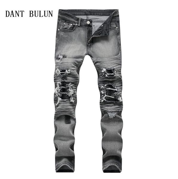

men ripped biker jeans distressed moto skinny denim hip hop destroyed knee leather pleated patch jeans18183510836, Blue