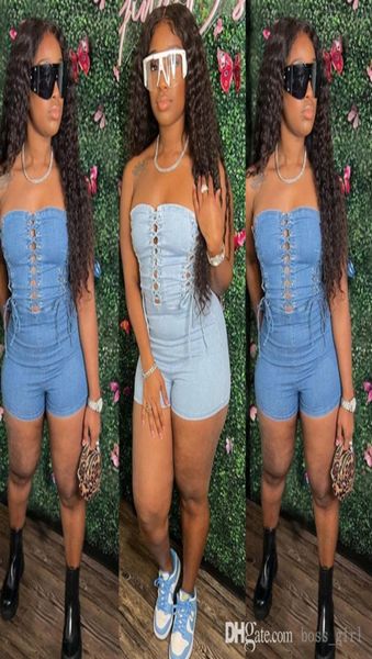 

designer womens jumpsuits wrap chest wear rope bodysuits elastic wash denim rompers new summer onesies9652248, Black;white