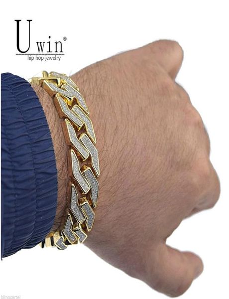 

uwin sand blast bracelet cuban chain link alloy iced out hip hop gold silver tone heavy 18 mm mens bracelet 86quot s9155953120, Black