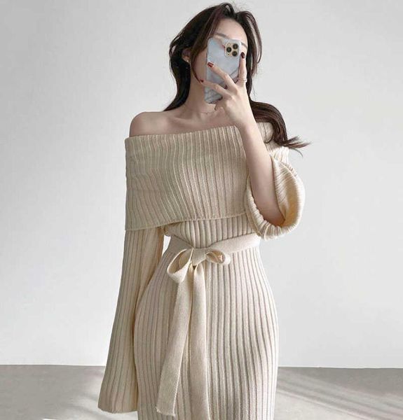 

korean knitting sweater dresses gentle one shoulder long skirt french design sense of knitted long sleeve dress women039s y10158111076, White