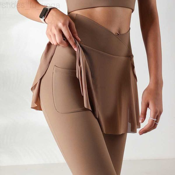 

lull women yoga leggings skrit fake two piece set sweatpants high waist with pocket anti-shrink gym sports pants training tights legging spo