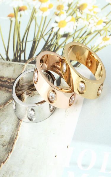 

4mm 5mm 6mm titanium steel silver love ring with six diamond men and women rose gold ring for lovers couple ring for gift1122824