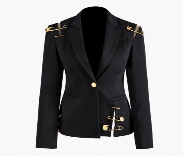 

2020 fall winter long sleeve notchedlapel black panelled tulle hollow out pins single button blazers elegant casual outwear coats5296897, White;black