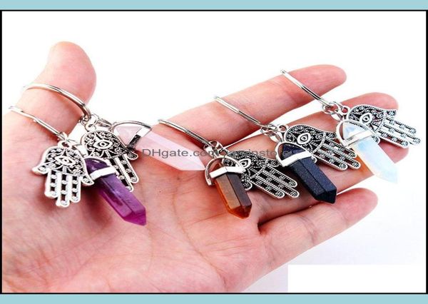 

key rings jewelry keyring healing crystals amethyst rose quartz bead chakra point women men natural stone fatima hamsa keychain dr9510810, Slivery;golden