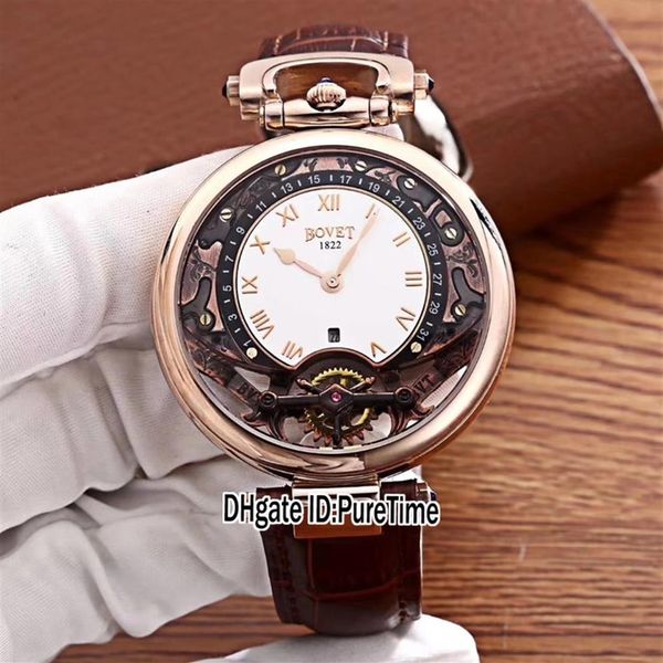 

new bovet amadeo fleurier grand complications virtuoso rose gold skeleton white dial mens watch brown leather strap sports watches248w, Slivery;brown