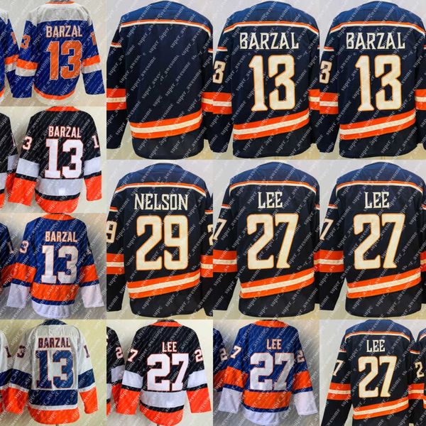 

13 mathew barzal jersey 27 anders lee 29 brock nelson hockey jerseys royal white blank stitched, Black;red