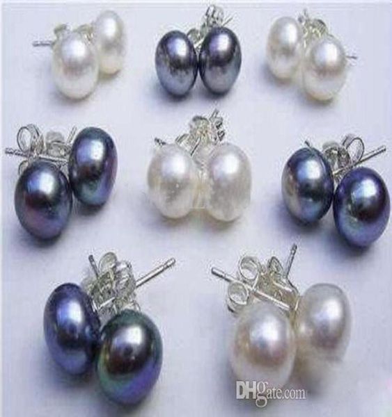 

whole 16pcs8pairs 89mm whiteblack akoya cultured pearl 925 silver earring2480726, Golden;silver