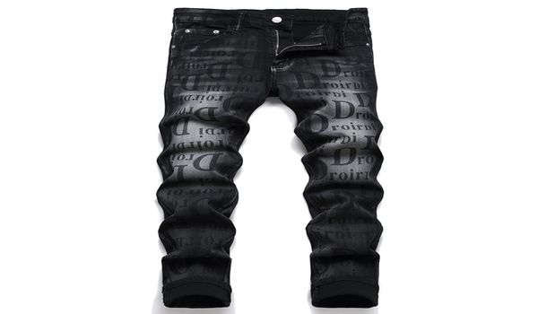 

slim fit stretch black men039s jeans spring autumn letter print vaqueros casual straight streetwear midwaist cotton denim pant8287922, Blue
