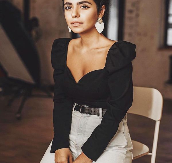 

vintage square collar casual puff sleeve women039s shirts and blouses autumn solid long sleeve 2019 fashion9435337, White