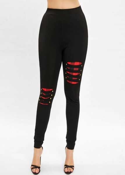 

women's leggings legging ps size beading ripped plaid women panel elastic waist casual push up leggins mujer pants5715709, Black