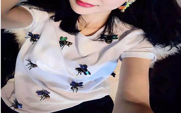 

new brand spring summer fashion loose letter lips print tshirt embroidered bee bead sequins leisure bee tshirt y2009308303302, White