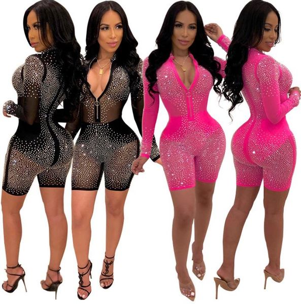 

women mesh glitter rhines playsuit short pants summer transparent zipper jumpsuit romper 2019 long sleeve night club9297322, Black;white