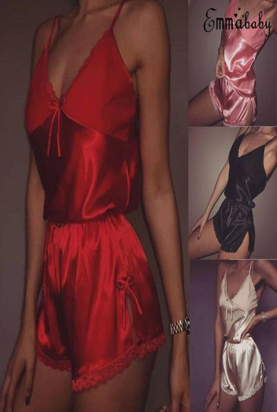 

women lingerie set lace crop shorts pajamas set sleepwear satin pijama nightwear pyjama femme night suit2237042, Black;red