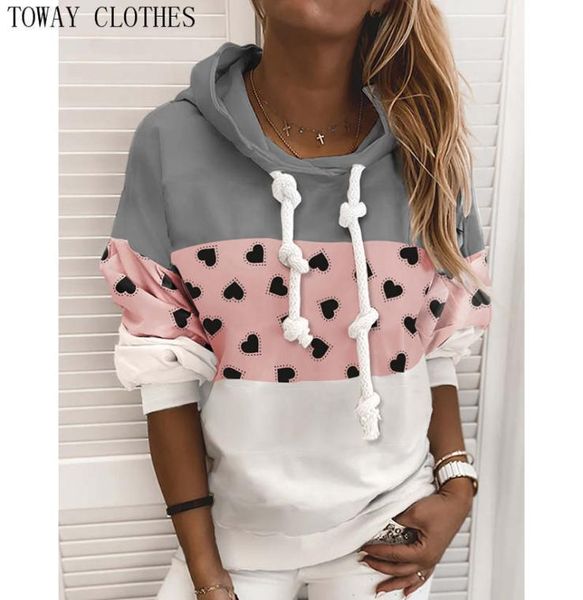 

colorblock heart print hooded sweatshirt female casual long sleeve hoddies ladies streetwear outwear pullovers 2010172339116, Black