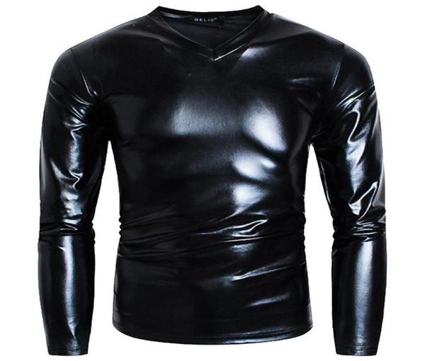 

men039s tshirts men glossy slim fit v neck long sleeve tshirt boys metallic shiny faux leather nightclub party performan5965491, White;black