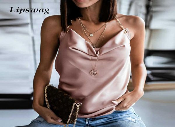 

women chain halter v neck ruched blouse shirts 2020 summer ladies sleeveless blouse solid satin backless shirt blusa t205835673, White