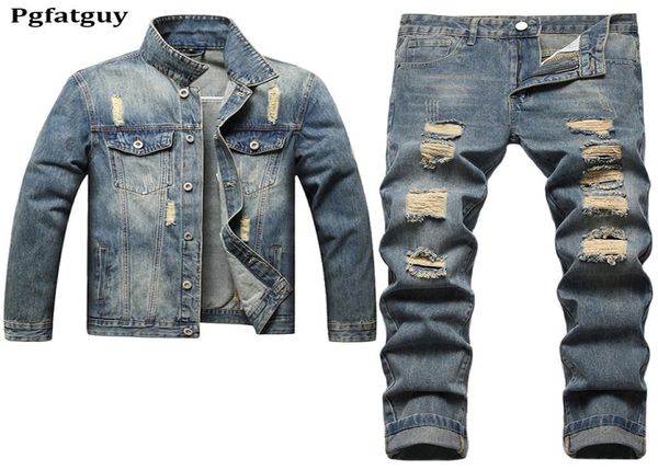 

nostalgic blue men039s twopiece suit fashion slim tracksuits 2022 ripped hole denim jacket matching straight pants four season5003925, Gray