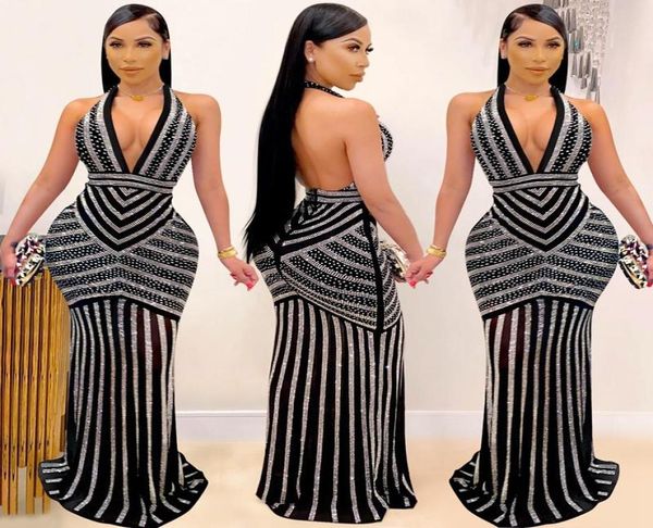 

rhine backless sequin dress women clothes birthday glitter halter long maxi elegant slim bodycon party9364892, Black;gray
