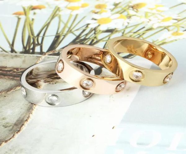

4mm 5mm 6mm titanium steel silver ring with six diamond men and women rose gold for couple ring for gift19424328601619