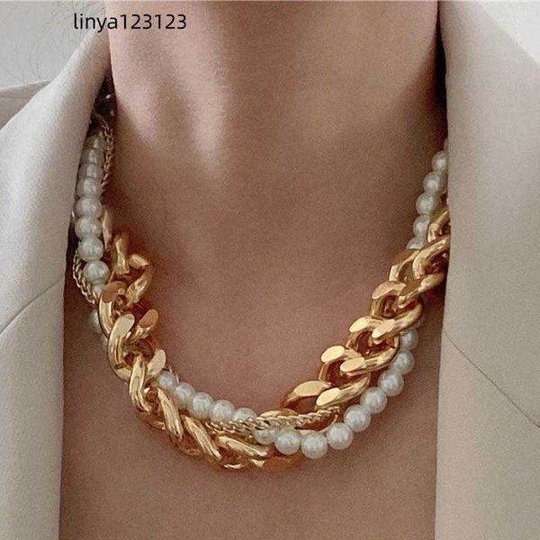 

pendant necklaces minar exaggerated multi layered chunky cuban chain chokers for women simulation pearl beaded necklace jewelry, Silver