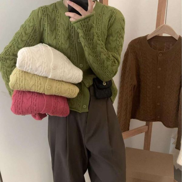 

japanese vintage green hemp sweater cardigan jacket womens autumn and winter all matching round neck high grade, White;black