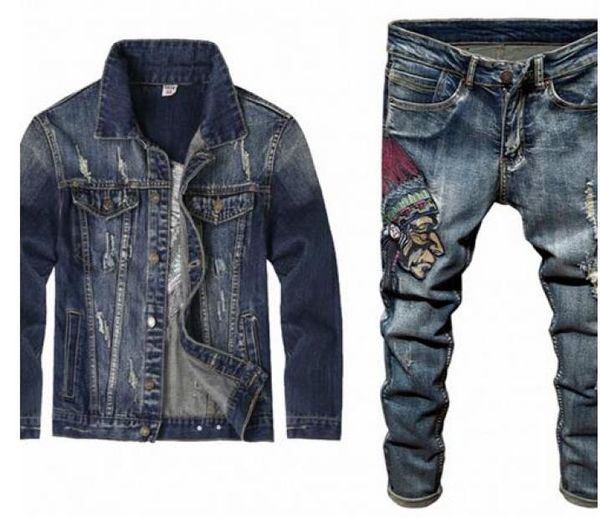 

spring fashion men039s sets vintage embroidery punk style long sleeve campera hombre hole ripped denim pants man suit9602479, Gray