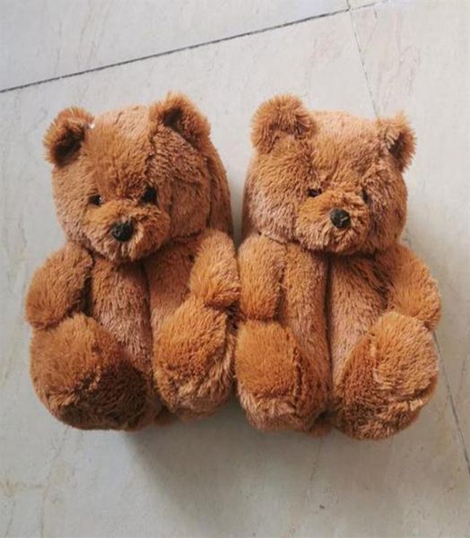 

plush teddy bear house slippers brown women home indoor soft antislip faux fur cute fluffy pink winter warm shoea357047578, White