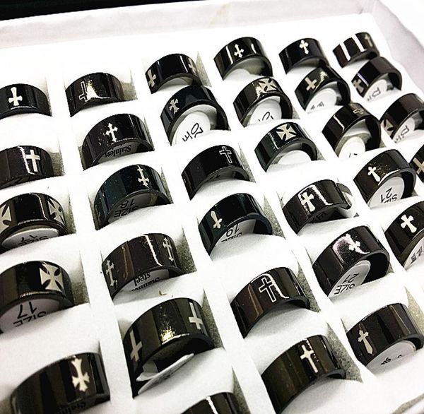

whole mix styles 36pcs black plating cross men039s stainless steel band rings brand new6300536, Silver