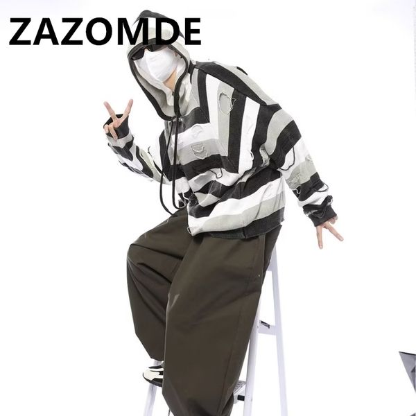 

men's sweaters zazomde striped hooded sweater ripped distressed fashion loose pullover knitted men harajuku oversized hip hop jumper 23, White;black